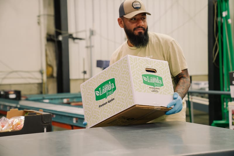 Linda Fruit packing house worker carrying a box of apples